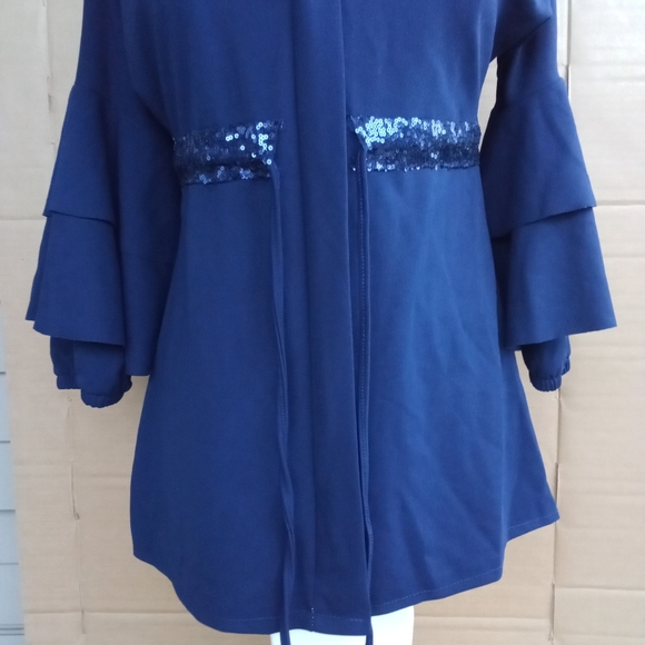 Navy Blue Stretchy Sequined Dressy Traditional Tunic Top with Tiered Bell Sleeve - Picture 6 of 11